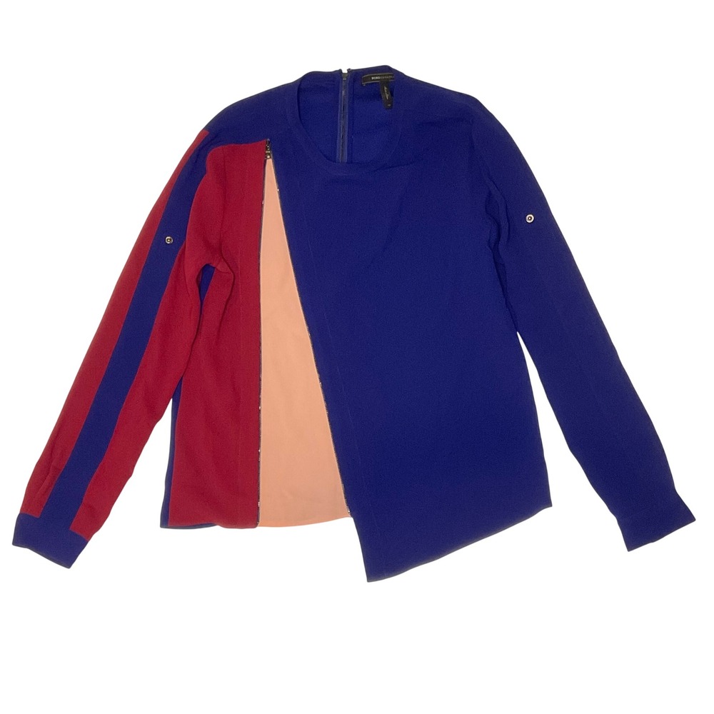 BCBG Max AZRIA women's ORIENT BLUE Combo Carie asymmetrical zipper blouse top XS